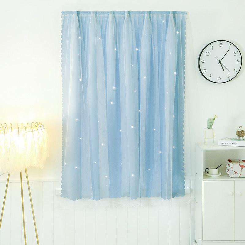 美帮汇窗帘款免打孔安装魔术贴粘贴式遮阳卧室飘窗出租屋遮光布 浅蓝-带纱镂空-魔术贴 宽0.9X高1.2