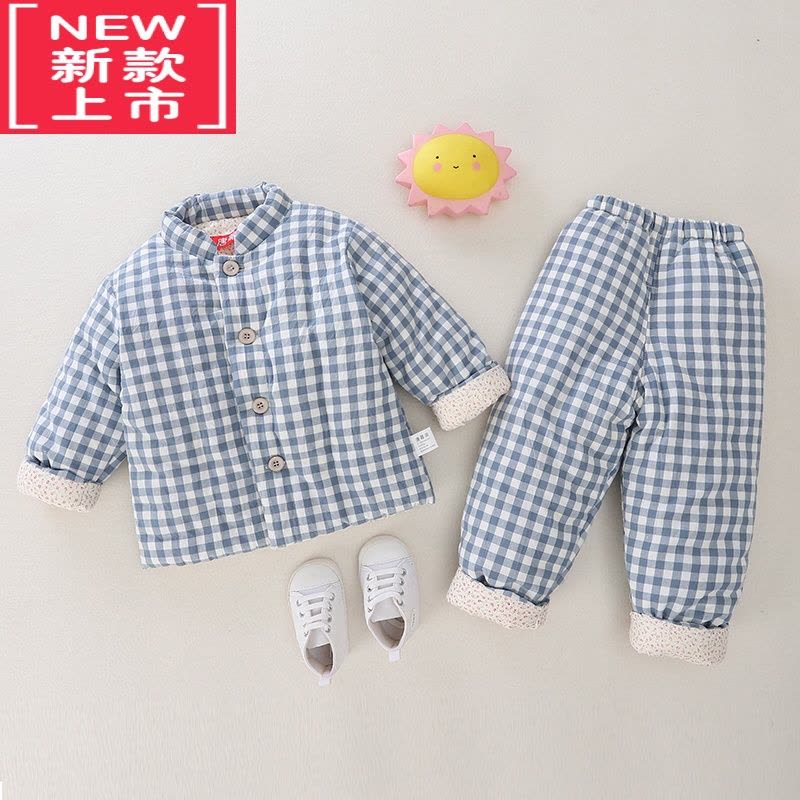 可莉允宝宝手工棉衣套装加厚男女童棉花棉袄棉裤两件套套校服格子棉内胆棉服图片