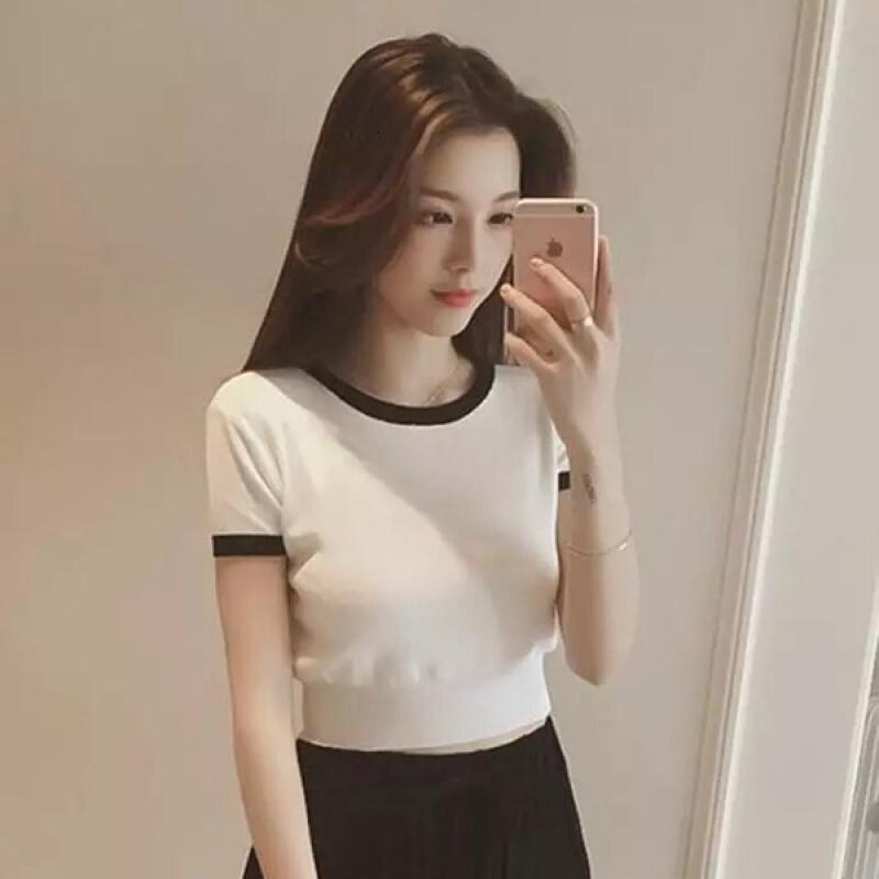 性感短装针织露脐上衣女夏季短袖漏肚脐短款紧身高腰衣服学生灰色均码(面料)