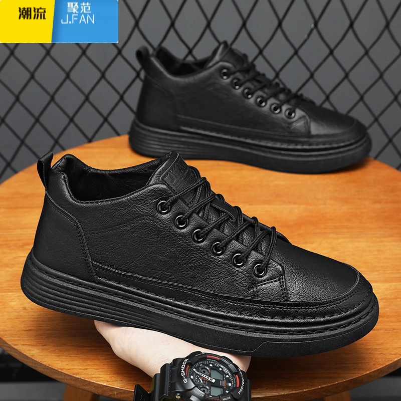 聚范秋季男鞋2024新款夏厨房防水防滑板鞋男士休闲皮鞋子黑色工作耐磨高清大图