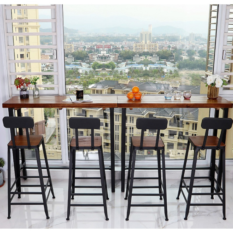 艺可恩阳台小吧台台吧靠窗户外家用高桌脚酒吧桌椅复古创意实木原木