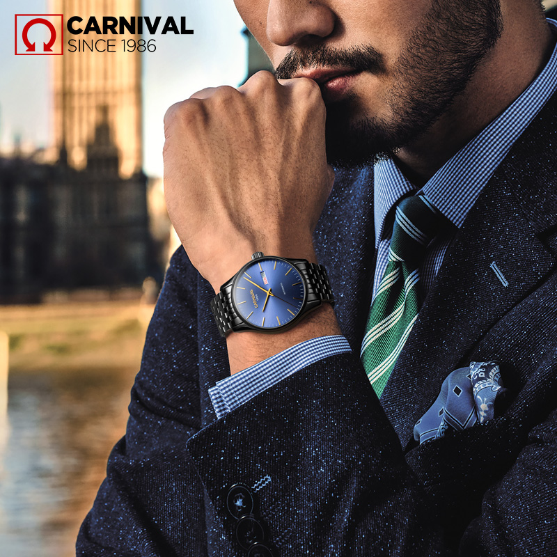 瑞士嘉年华Carnival手表精钢全自动机械表 男表金属男士薄款防水商务休闲时尚简约腕表经典双日历8612G专柜同款高清大图