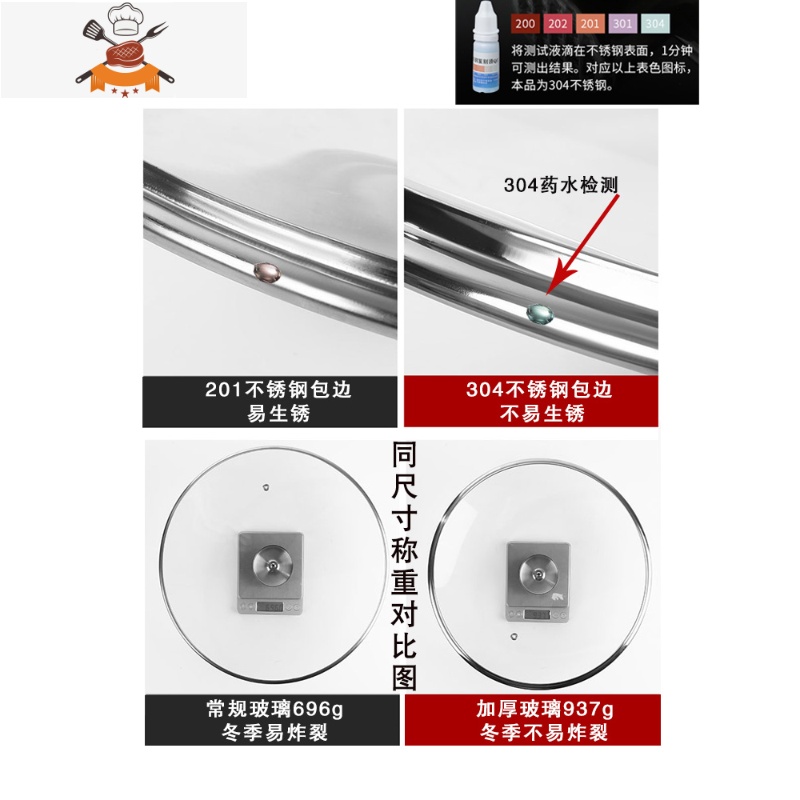 加厚玻璃锅盖可高温 304不锈钢32cm炒锅盖通用30cm钢化玻璃盖子 敬平 玻璃锅盖[24]加厚:578g锅具配件高清大图