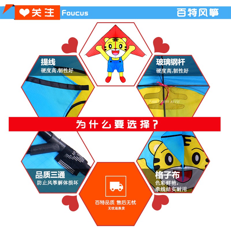 潍坊风筝 儿童卡通风筝 卡通老虎风筝 造型可爱 平稳好飞创意 三维工匠 红色老虎风筝(不带线)高清大图