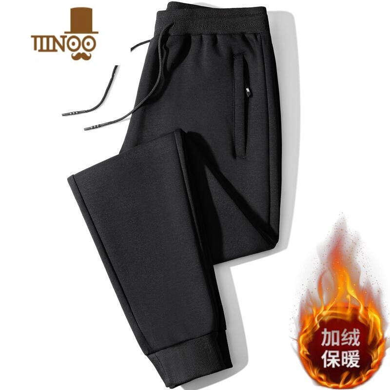 YANXU加绒裤男外穿潮流纯色百搭宽松口袋拉链运动男士休闲卫裤子 2XL建议130-140斤 黑色束脚加绒款