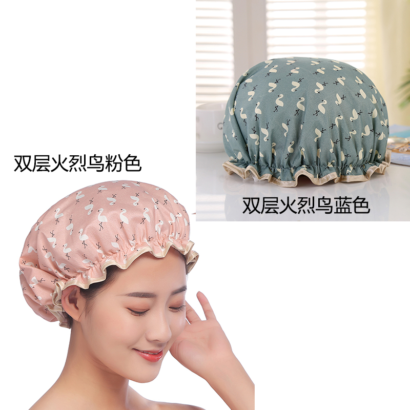 双层防水加厚浴帽女士洗澡发帽淋浴成人沐浴洗头帽防油做饭油烟帽 三维工匠 双层浴帽火烈鸟(粉色+蓝色)高清大图