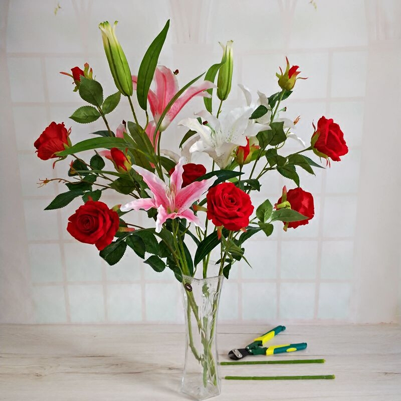 客厅单支香水百合假花仿真花束绢花塑料干花艺插花布花装饰花卉
