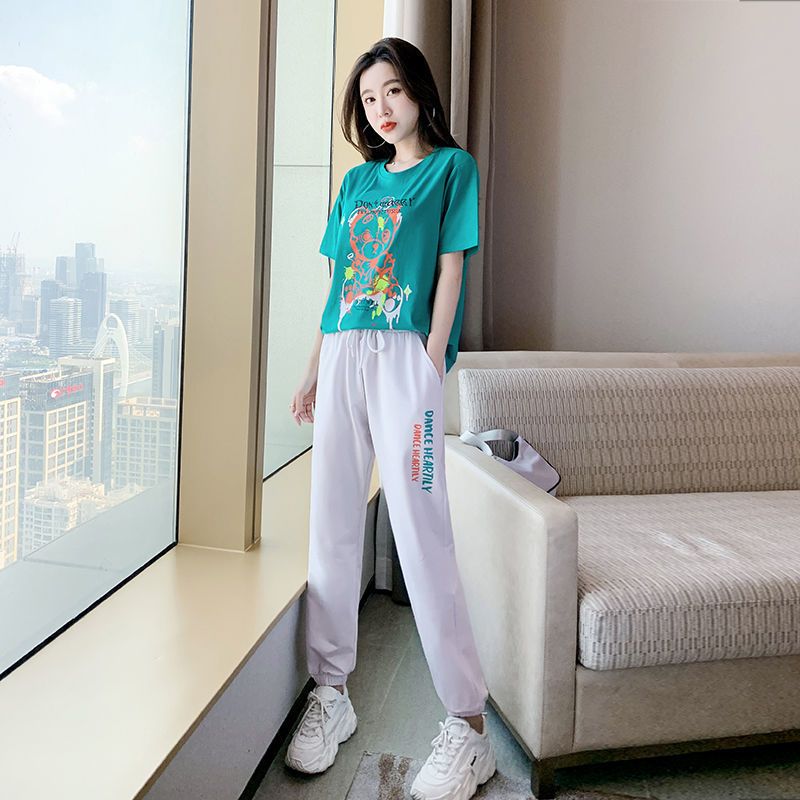 真维斯2022年夏季新款运动服短袖减龄休闲洋气长裤两件套装女潮流