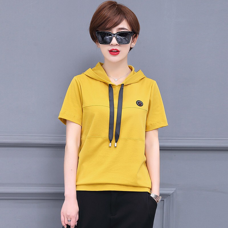 连帽卫衣短袖t恤女2018夏季新款宽松显瘦大码纯棉上衣纯色体恤衫视频