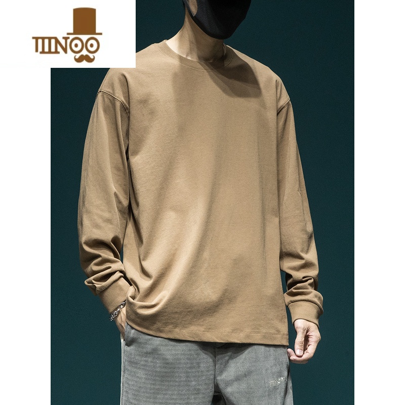 YANXU日系秋季新款长袖T恤男宽松大码内搭男装上衣秋装纯色打底衫