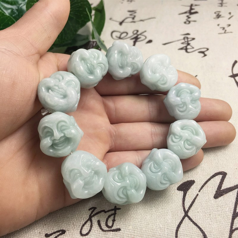 缅甸翡翠佛头手链男款天然玉石佛珠手串 笑佛玉珠罗汉手串