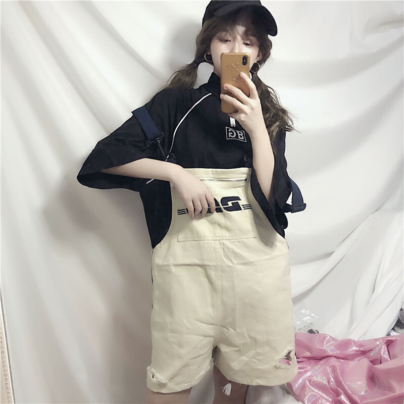 夏装女装韩版宽松显瘦字母背带裤牛仔裤阔腿裤休闲裤直筒裤短裤