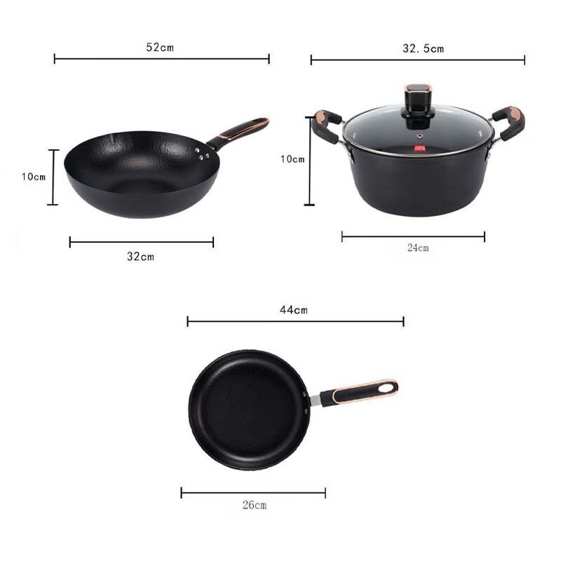 百斯克BSK-TG2303-05古法章丘精铁套锅三件套炒锅32cm+汤锅24cm+煎锅26cm(单位:套)