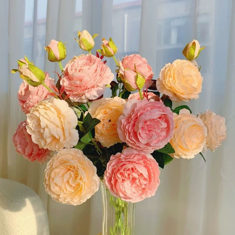 思唯美(sweet made) 牡丹仿真花绢花摆件 粉色3支+香槟3支【6支18朵花】