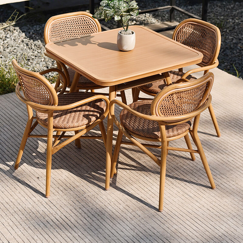 紫叶户外桌椅组合花园露天阳台室外藤编椅休闲庭院桌椅藤椅三件套 4【原木色有扶手椅】+【方桌80x80】