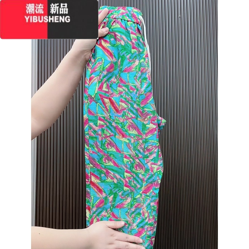 YIBUSHENG休闲裤女大码季薄款宽松束脚裤国风直筒裤洋气显瘦九分花裤