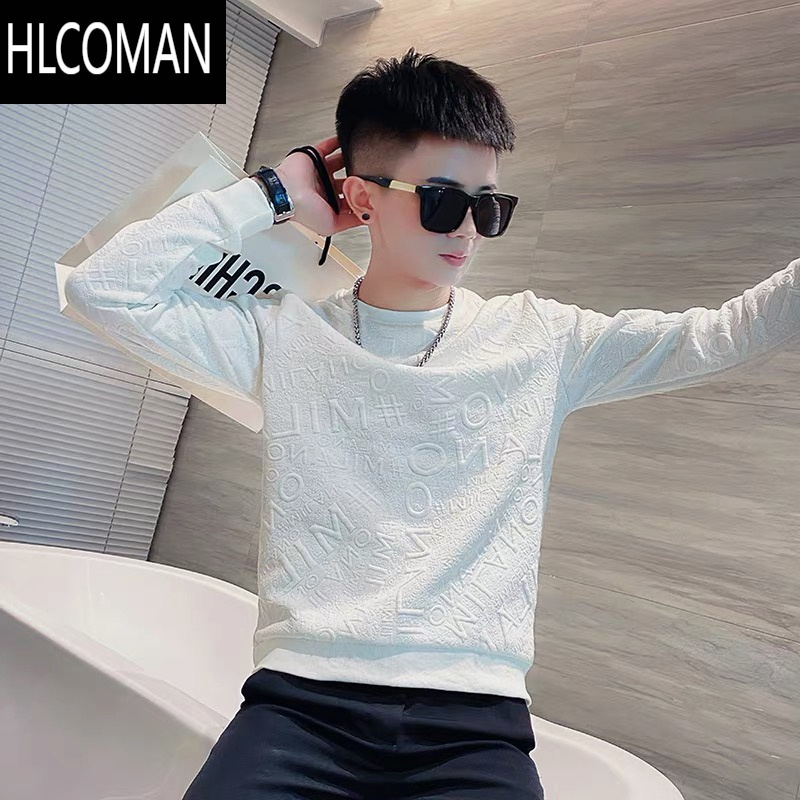 HLCOMAN圆领卫衣男新款潮牌ins字母浮雕修身休闲长袖t恤套头个性外套