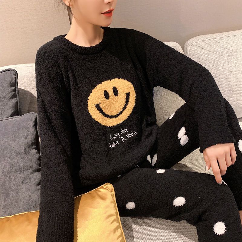 波迷娜(BOMINA)睡衣女 黑色笑脸软绵绵冬季珊瑚绒网红可爱加厚服两件套装 黑色