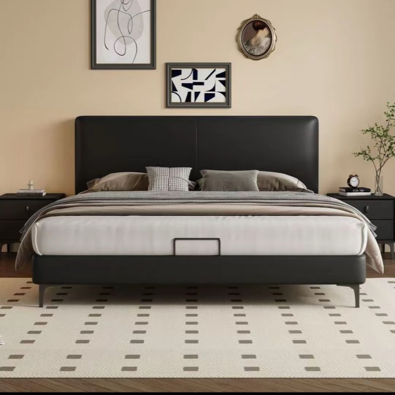 【苏宁专属】豆腐块经典全实心实木头层牛皮主卧大床软靠包床现代简约轻奢高清大图