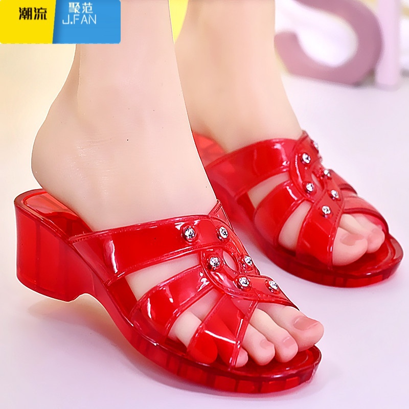 聚范2023年新款凉拖鞋女夏季拖鞋坡跟百搭时尚果冻沙滩休闲水晶一字拖