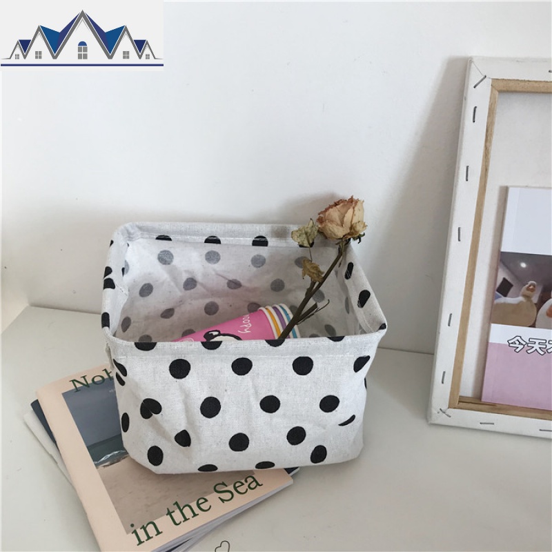 ins日韩简约可爱棉麻波点收纳篮可折叠布艺桌面化妆品杂物收纳筐 三维工匠 波点