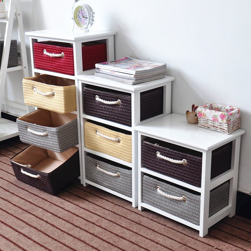 实木复古抽屉式收纳柜客厅整理储物窄柜多层组合卧室边柜藤编韩式三维