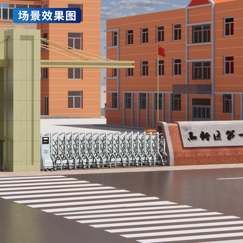 CJ-SSM2980智能不锈钢伸缩门学校小区工厂电动大门推拉门商业办公大门酒店家具电动门高清大图