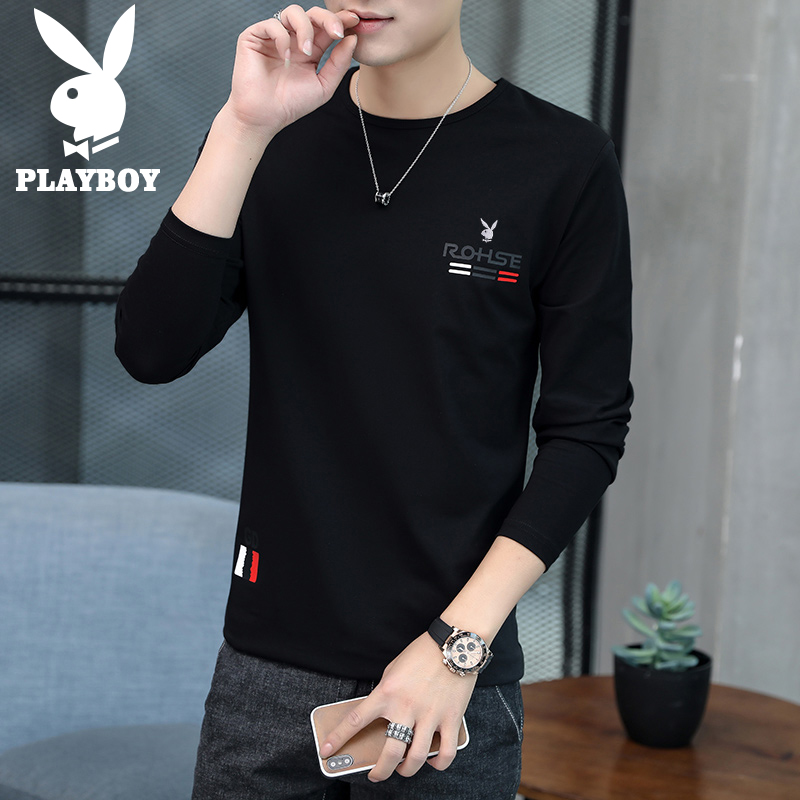 花花公子长袖t恤男t恤2025秋季新圆领上衣休闲底裤男衬衫 1573黑色 2XL推荐141-160斤