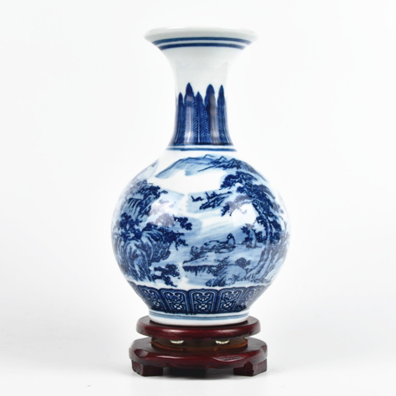 景德镇仿古青花山水陶瓷器花瓶 现代客厅博古架装饰品工艺品摆件收纳袋 三维工匠 金钟（不含底座）