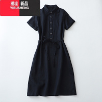 YIBUSHENG季新款2023大码宽松日系棉麻短袖连衣裙女士系带收腰显新衣日N M建议90-110斤 藏青色