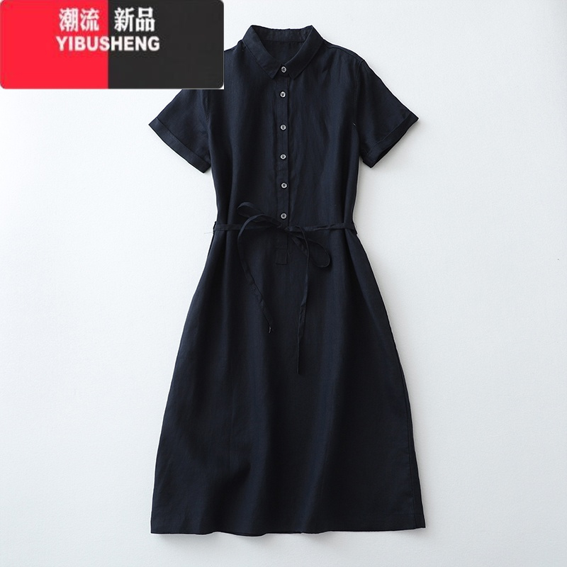 YIBUSHENG季新款2023大码宽松日系棉麻短袖连衣裙女士系带收腰显瘦衬衫裙
