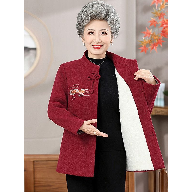老年女装奶奶装外套气质复古妈妈装毛呢大衣加绒刺绣老婆婆衣服厚