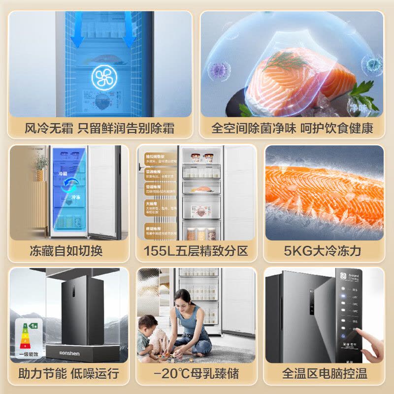 容声(Ronshen)155升风冷无霜立式冰柜家用一级能效电脑控温冷藏冷冻抽屉式冷柜囤货小冰箱BD-155WRSY以旧换图片
