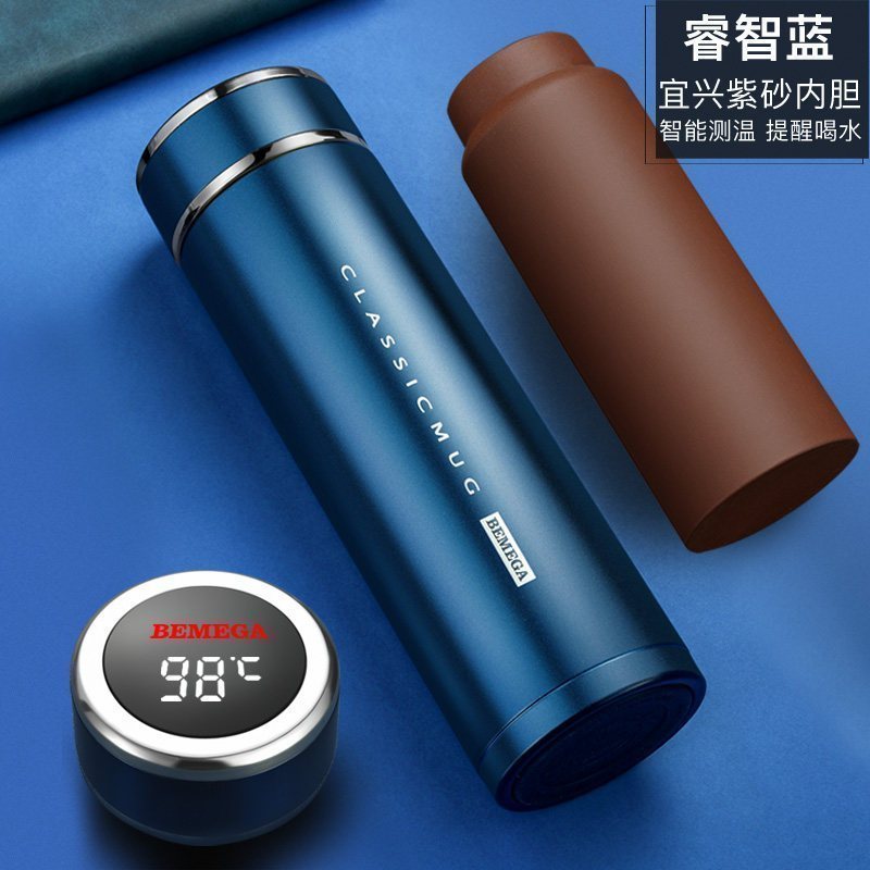 美帮汇紫砂内胆保温杯紫砂杯泡茶杯男士女定制水杯子 睿智蓝(全钢杯盖智能测温提醒喝水)高清大图