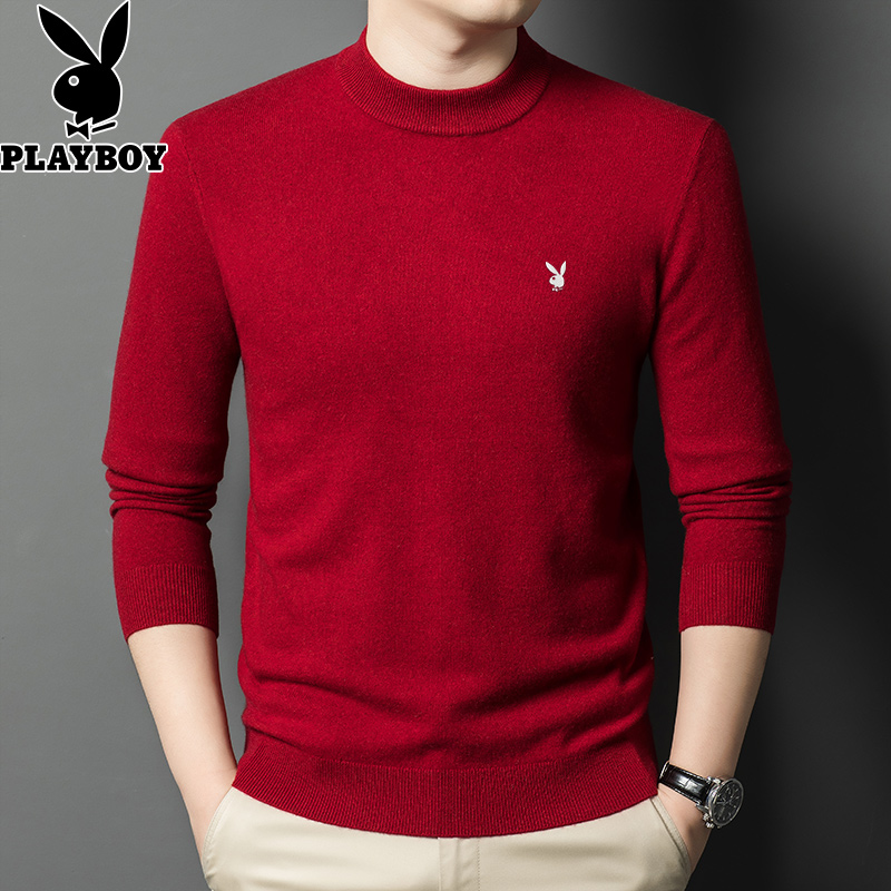 花花公子2024秋冬季新款加厚羊毛衫男半高领毛衣含羊绒针织打底衫 大红色 165