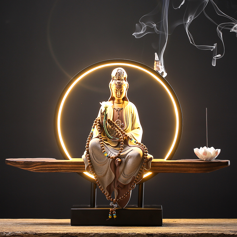 新中式禅意观音菩萨佛像摆件陶瓷灯圈客厅玄关软装开业乔迁装饰品收纳袋 三维工匠 持莲观音-窑变红（配灯圈底座）
