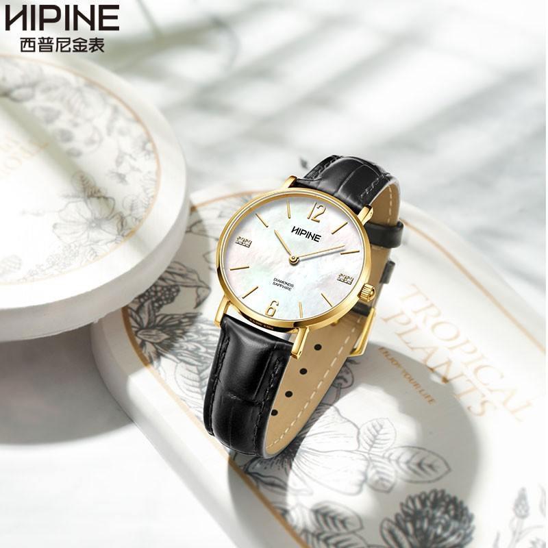 hipine西普尼金表足金999纯金表女真金真钻时尚石英黄