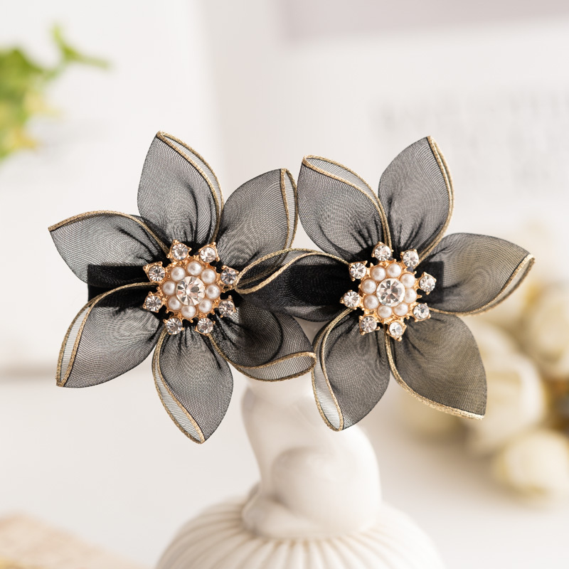 森系发饰盘发韩版新娘头饰绢纱头花盘发卡山茶花顶夹超仙横夹彩边黑色