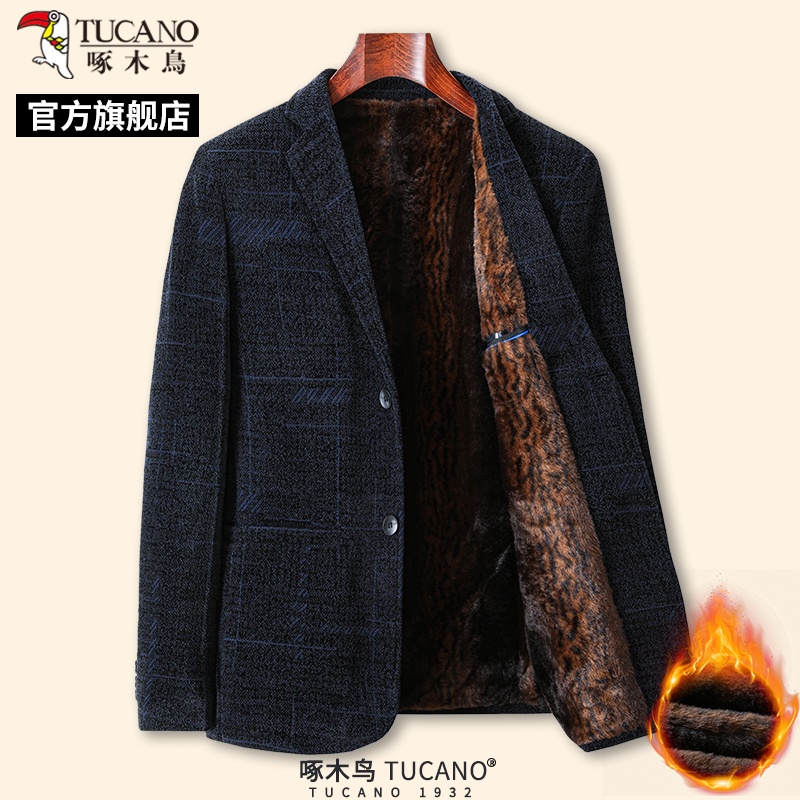 啄木鸟冬季男士加绒加厚呢子西服中年保暖爸爸装单西外套上衣年子高清大图