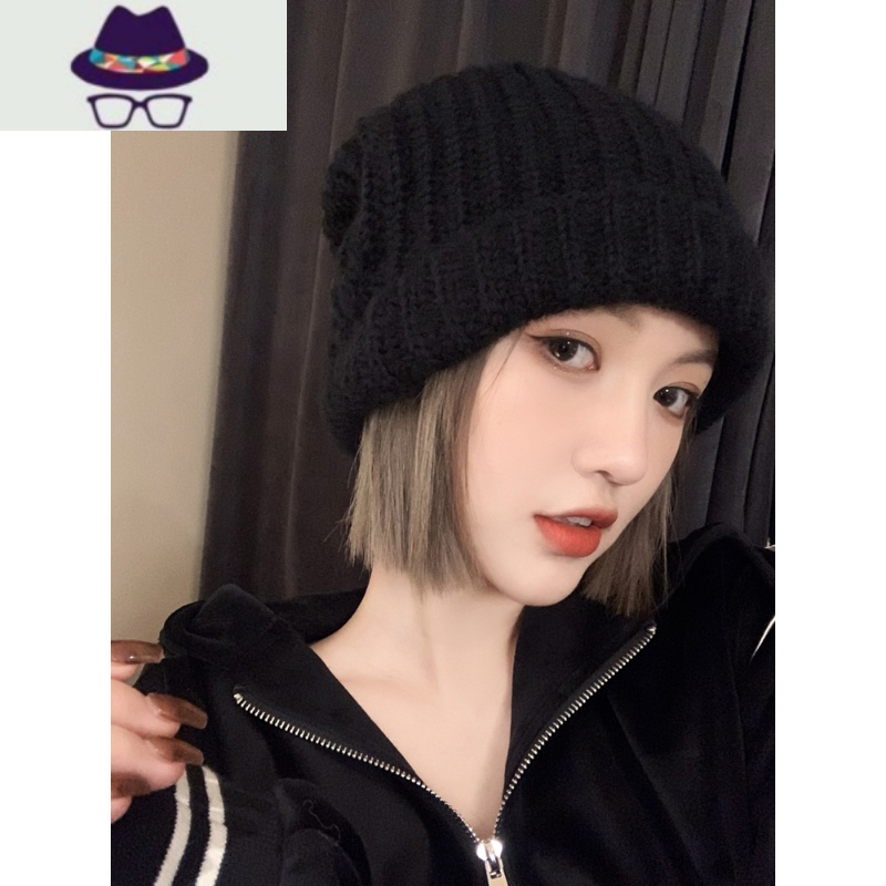 巨大的毛线帽子女秋冬天韩版百搭黑色毛线帽大头围冷帽大码针织帽 FISH BASKET