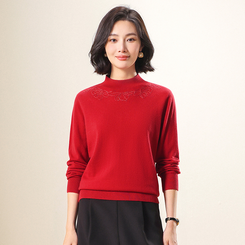 恒源祥纯色半高领羊毛衫女秋冬新款几何绞花烫钻针织衫妈妈装上衣