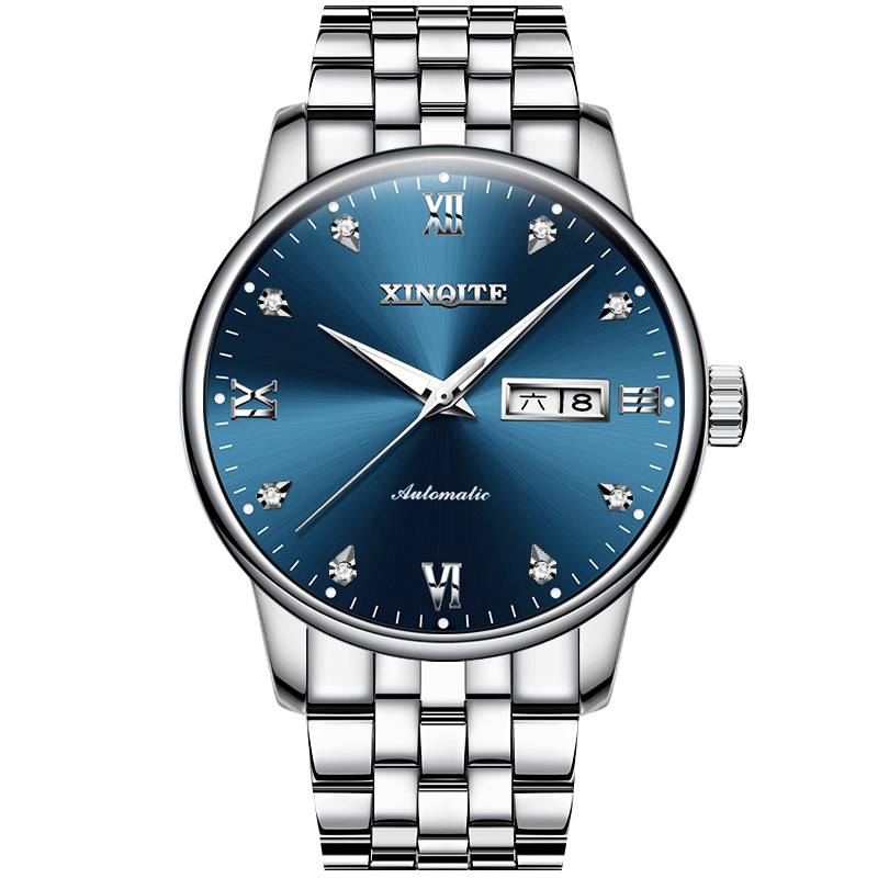 正品新奇特手表男士薄自动机械表防水夜光时尚商务新款国产品牌男表 X-27 白钢蓝面
