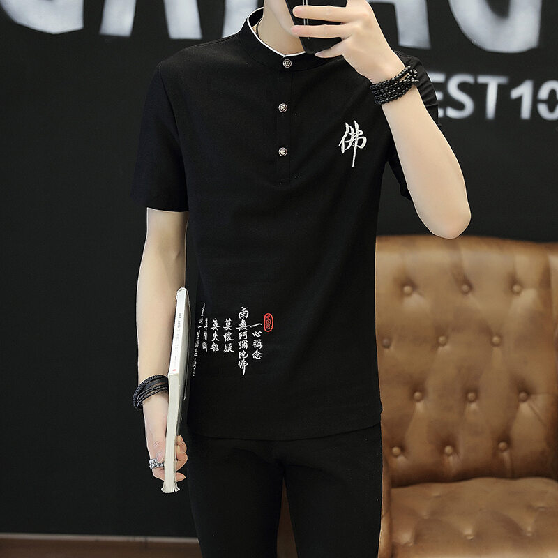 中国风唐装中式男装棉麻衬衫亚麻短袖夏季青年民族休闲汉服装上衣