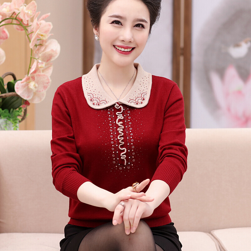 迪鲁奥(diluao)中老年秋装上衣新款妈妈春秋羊毛衫宽松型袖服装中年人