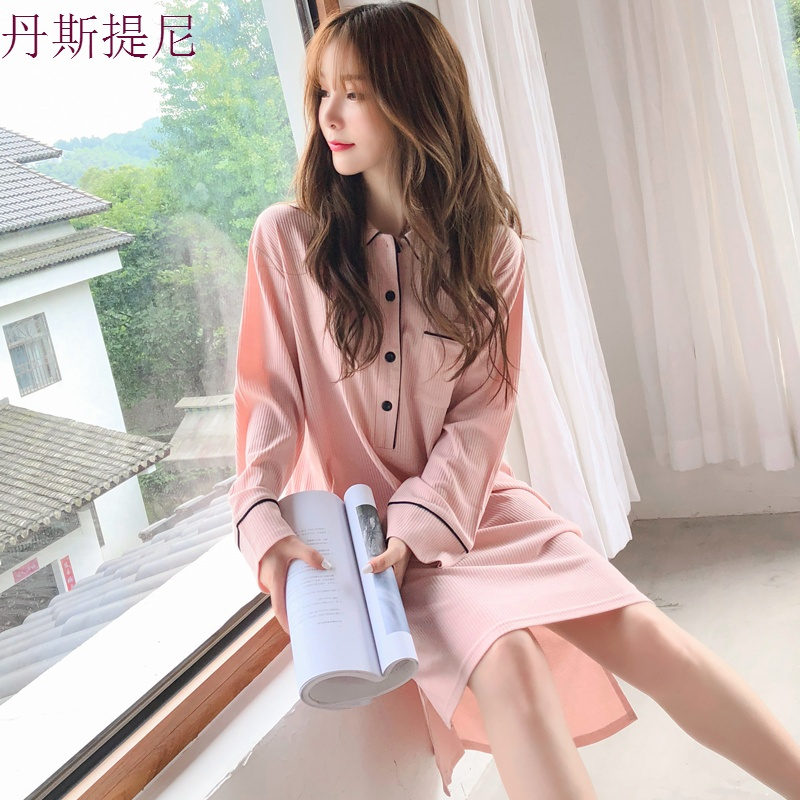 睡裙女秋冬季长款学生长袖翻领宽松大码甜美纯棉韩版睡衣家居服