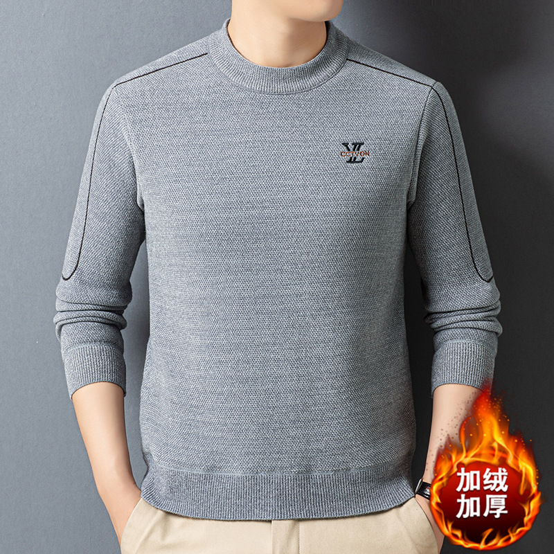 重磅绣花雪貂绒毛衣男2025秋冬季新款圆领加绒加厚保暖男士针织衫高清大图