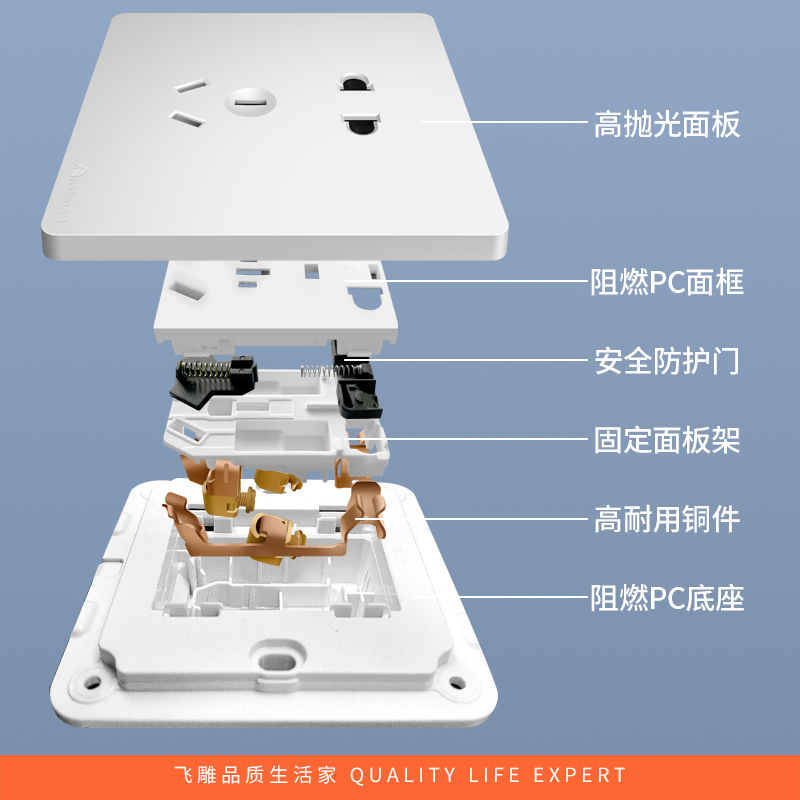 飞雕(FEIDIAO)开关插座 无框大板纯平暗装10A正五孔 家用插座联体二三插 A7流光金五孔插高清大图