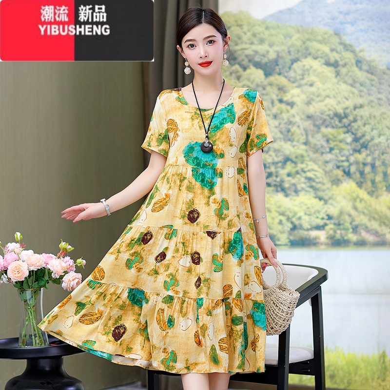 YIBUSHENG棉绸连衣裙女季大码时尚年轻妈妈装气质甜美孕妇碎花中装妈气裙 3XL建议130-145斤 216#13号