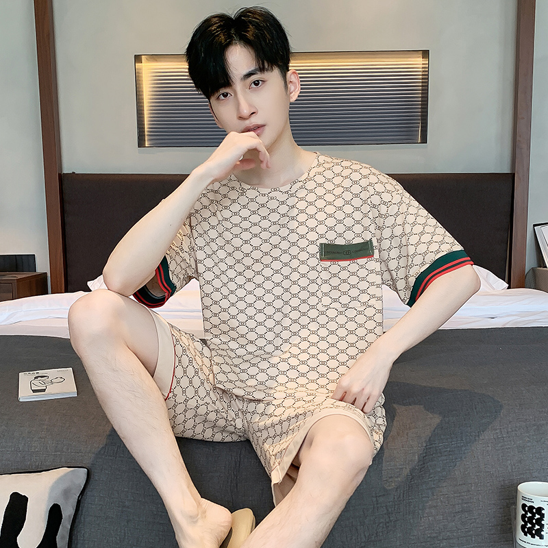浪莎纯棉睡衣男款短袖五分裤夏季薄款全棉休闲大码家居服两件套装高清大图