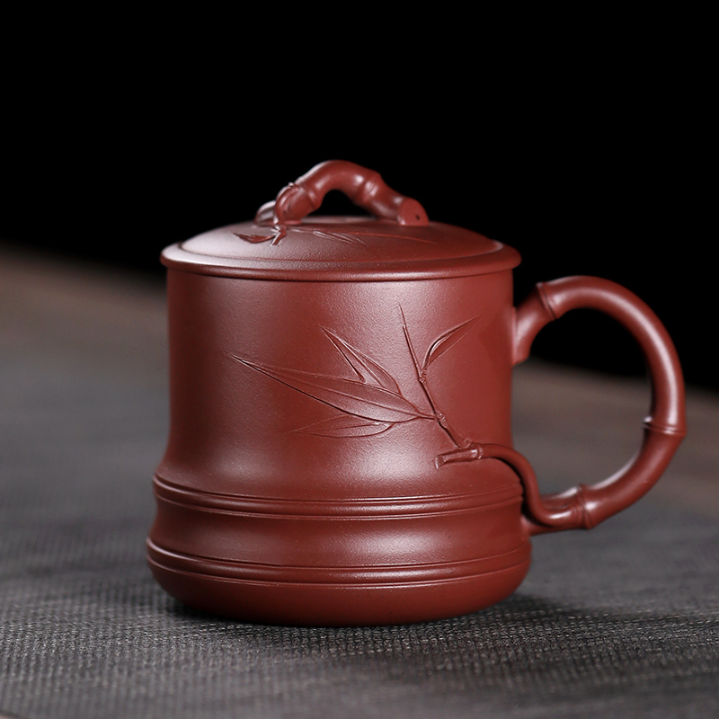 金镶玉 宜兴紫砂杯 手工原矿紫砂茶杯子全手工贴竹功夫茶具茶缸送礼礼盒装 节节高升紫砂杯